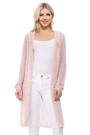 Yemak Women's Long Sleeve Open Front Knit Long Sweater Summer Cardigan with Pockets and Hoodie HK8266